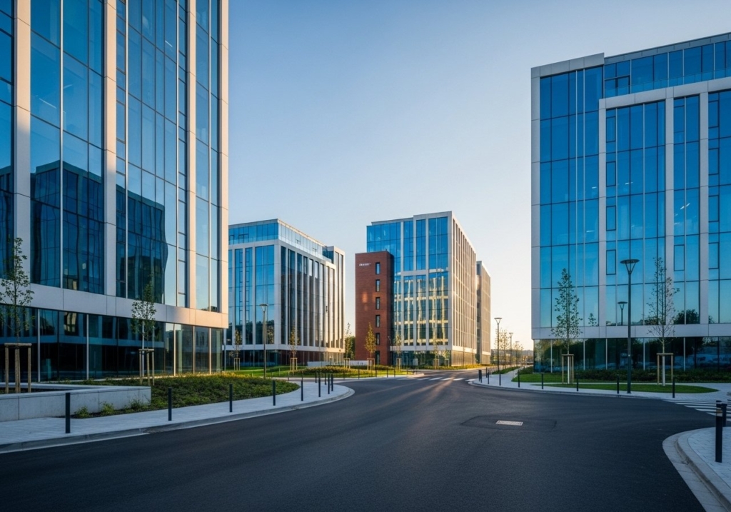 Vue d'ensemble conceptuelle illustrant le dynamisme et les spécificités du marché de bureaux de Niort en France.
