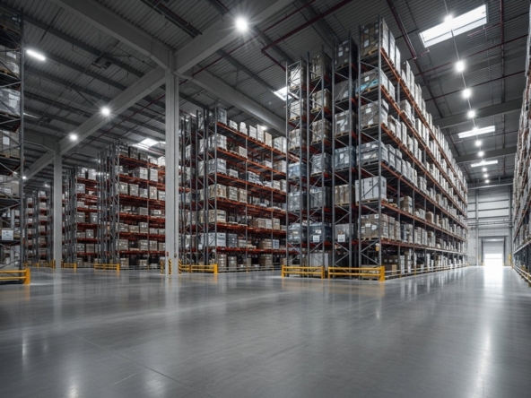 Vue d'ensemble d'un centre de distribution moderne, illustrant l'efficacité des plateformes logistiques à Niort.